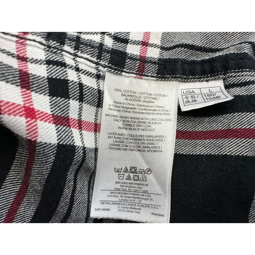 Brooks Brothers 346 L Plaid Button Down Men's Black White Red Cotton Flannel